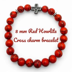8 mm Red Howlite beaded Unisex bracelet with Hematite Cross charm